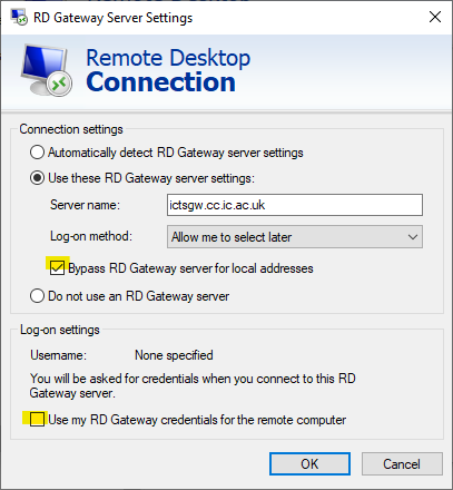 Terminal Services connection settings